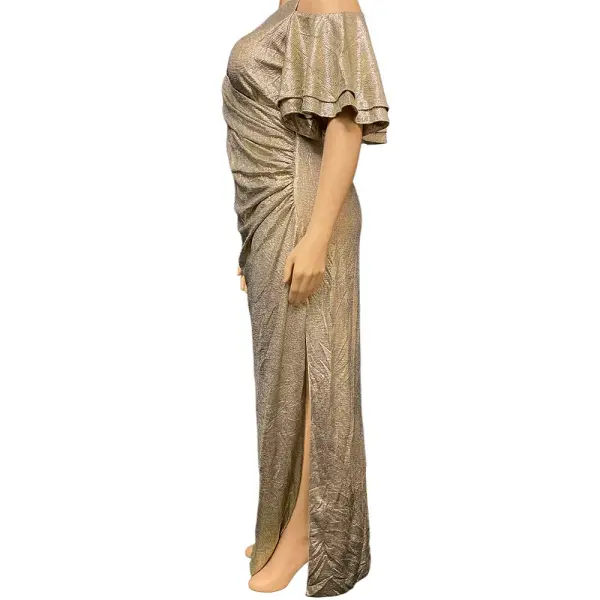 Metallic Cold Shoulder Evening Dress Gold