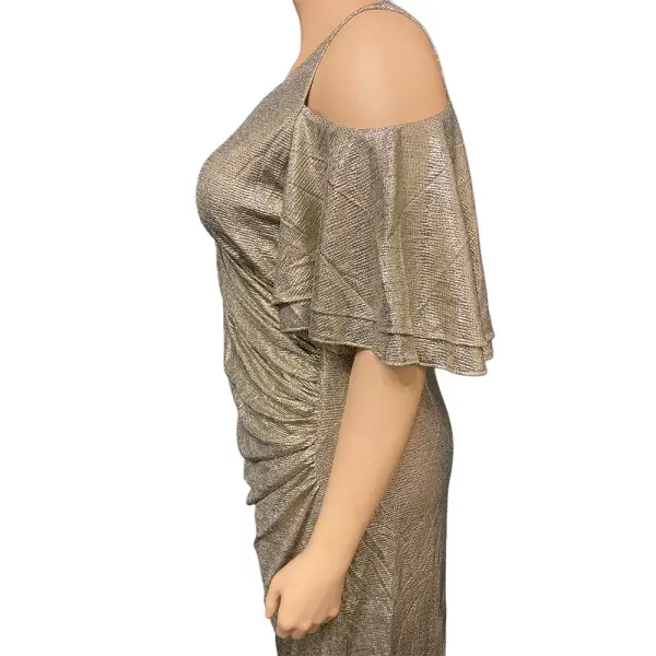 Metallic Cold Shoulder Evening Dress Gold