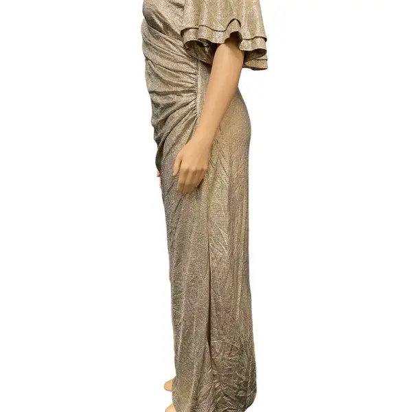 Metallic Cold Shoulder Evening Dress Gold