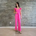 BLVD Rose Red Ruffle Sleeve Wide Leg Belted Jumpsuit