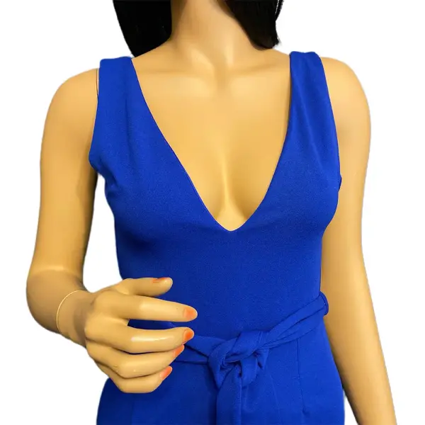 BLVD USA Cobalt Blue Sleeveless Deep V Neck Belted Wide Leg Jumpsuit