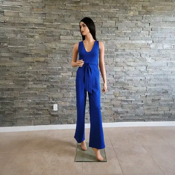 BLVD USA Cobalt Blue Sleeveless Deep V Neck Belted Wide Leg Jumpsuit