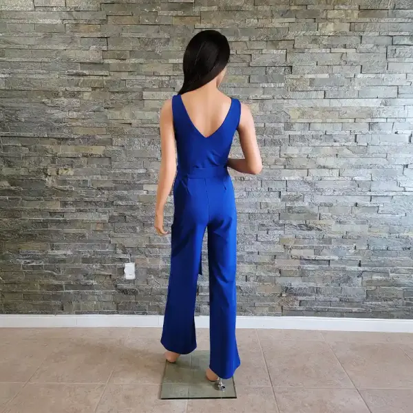 BLVD USA Cobalt Blue Sleeveless Deep V Neck Belted Wide Leg Jumpsuit