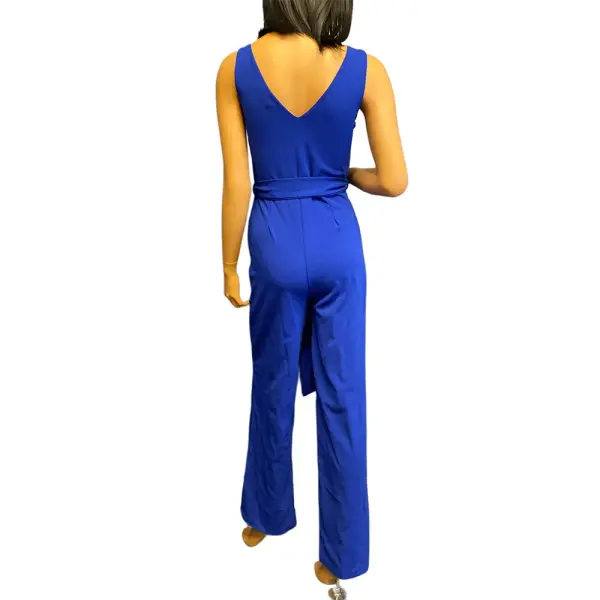 BLVD USA Cobalt Blue Sleeveless Deep V Neck Belted Wide Leg Jumpsuit