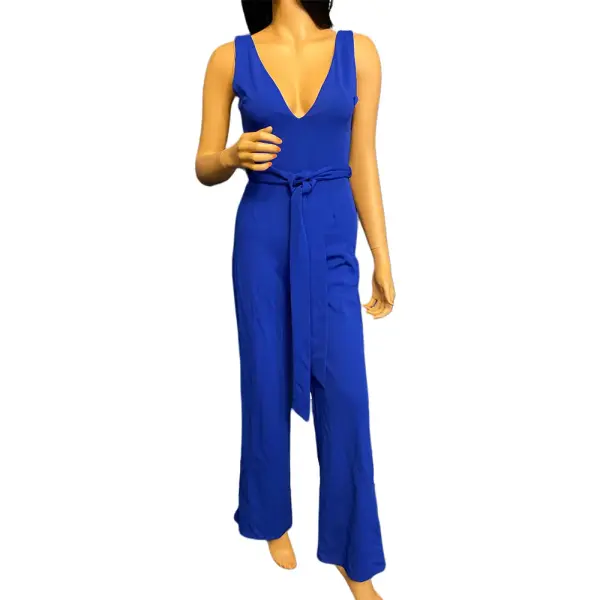 BLVD USA Cobalt Blue Sleeveless Deep V Neck Belted Wide Leg Jumpsuit