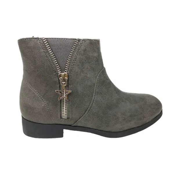 Brash Girls’ Grey Faux Suede Ankle Boots with Star Zipper Accent