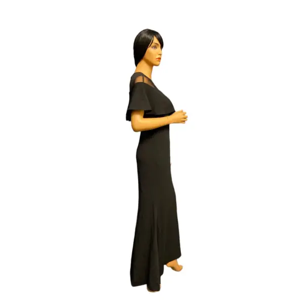 Calvin Klein Illusion Yoke Off Shoulder Gown with Beaded Cape Overlay