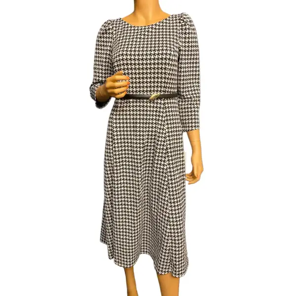 Calvin Klein Black and White Houndstooth Belted Midi Dress