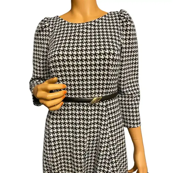 Calvin Klein Black and White Houndstooth Belted Midi Dress