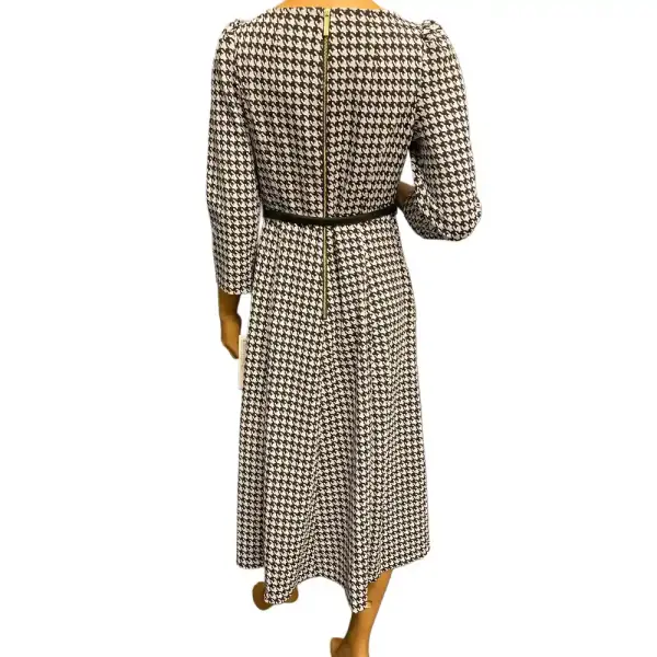 Calvin Klein Black and White Houndstooth Belted Midi Dress