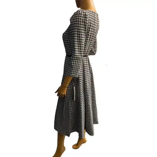 Calvin Klein Black and White Houndstooth Belted Midi Dress