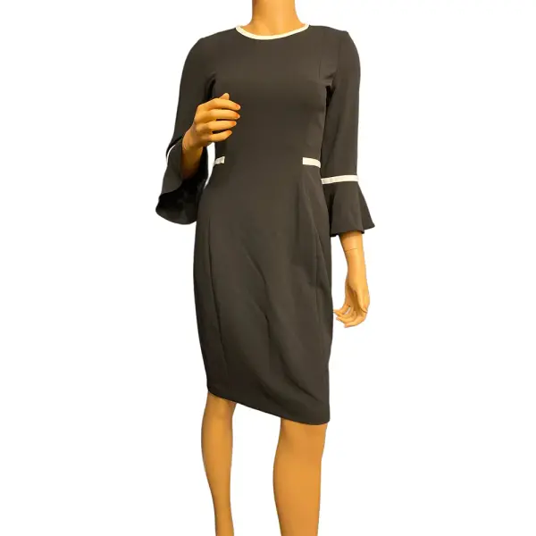 Calvin Klein Black Sheath Dress with White Piping and Bell Sleeves