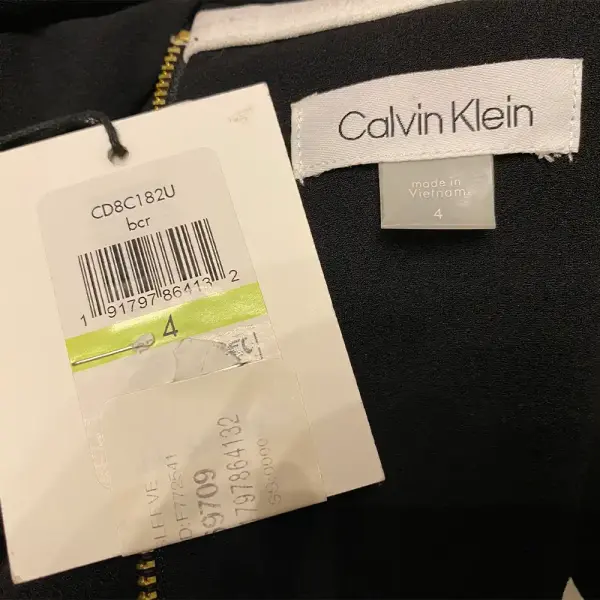 Calvin Klein Black Sheath Dress with White Piping and Bell Sleeves