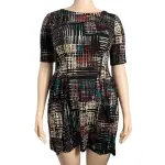 Connected Apparel Petite Fit and Flare Dress Abstract Grid Print Black Multi Size 12P