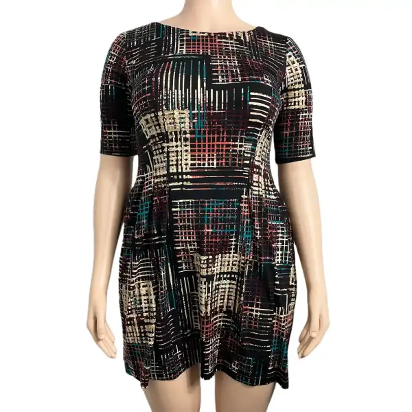 Connected Apparel Petite Fit and Flare Dress Abstract Grid Print Black Multi Size 12P