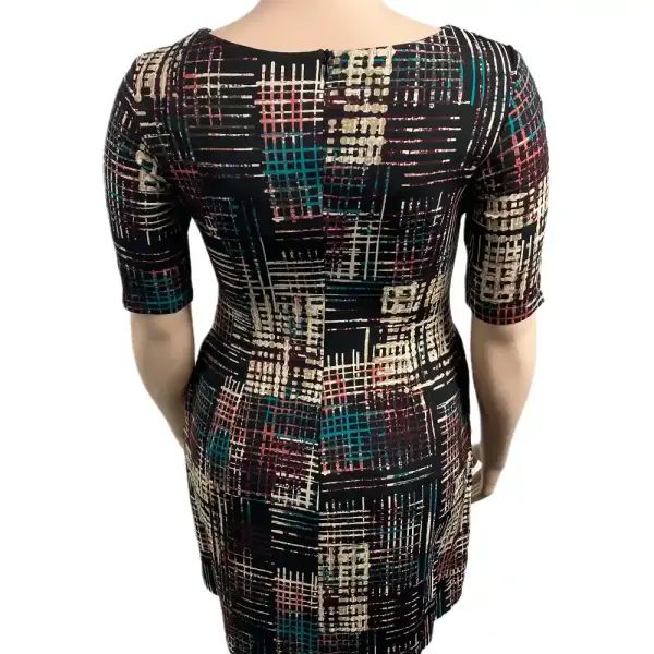 Connected Apparel Petite Fit and Flare Dress Abstract Grid Print Black Multi Size 12P