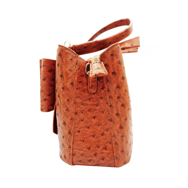 Grossi Elegant Orange Brown Faux Ostrich Bow Handbag with Crossbody Strap