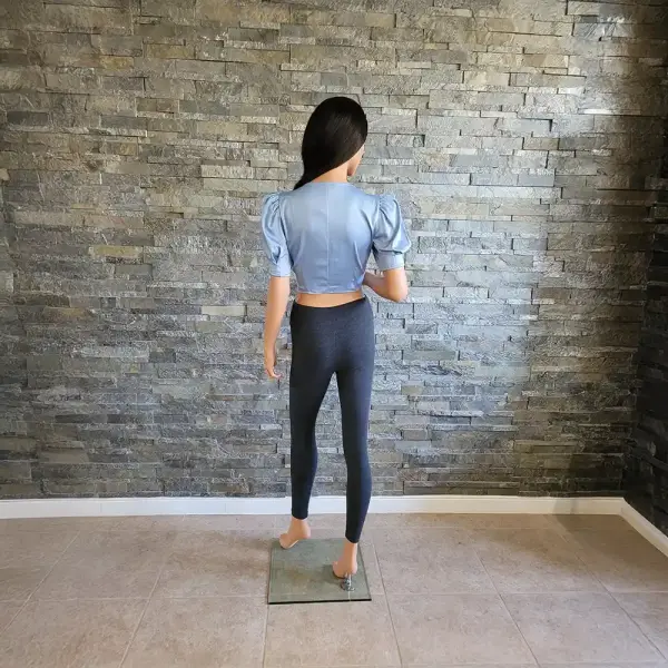 Danielle Bernstein Puff Sleeve Crop Top Baby Blue V Neck Snap Front