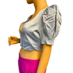 Danielle Bernstein Puff Sleeve Crop Top Baby Blue V Neck Snap Front