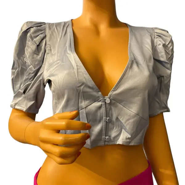 Danielle Bernstein Puff Sleeve Crop Top Baby Blue V Neck Snap Front