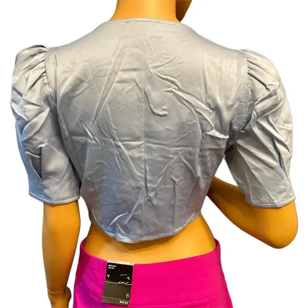 Danielle Bernstein Puff Sleeve Crop Top Baby Blue V Neck Snap Front