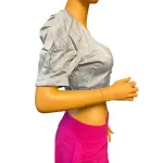 Danielle Bernstein Puff Sleeve Crop Top Baby Blue V Neck Snap Front