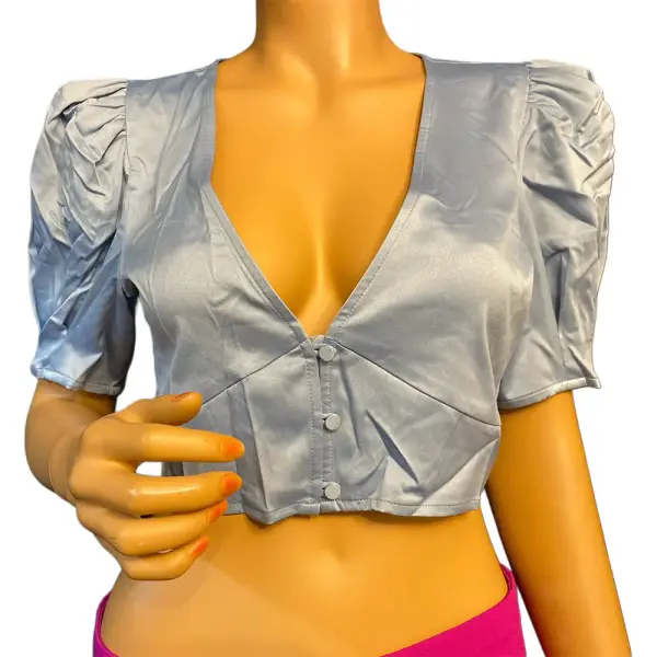 Danielle Bernstein Puff Sleeve Crop Top Baby Blue V Neck Snap Front