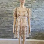 Danielle Bernstein Printed Organza Puff-Sleeve Mini Dress Beige Medium NWT