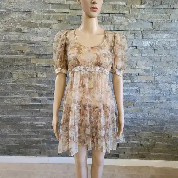 Danielle Bernstein Printed Organza Puff-Sleeve Mini Dress Beige Medium NWT
