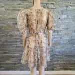 Danielle Bernstein Printed Organza Puff-Sleeve Mini Dress Beige Medium NWT