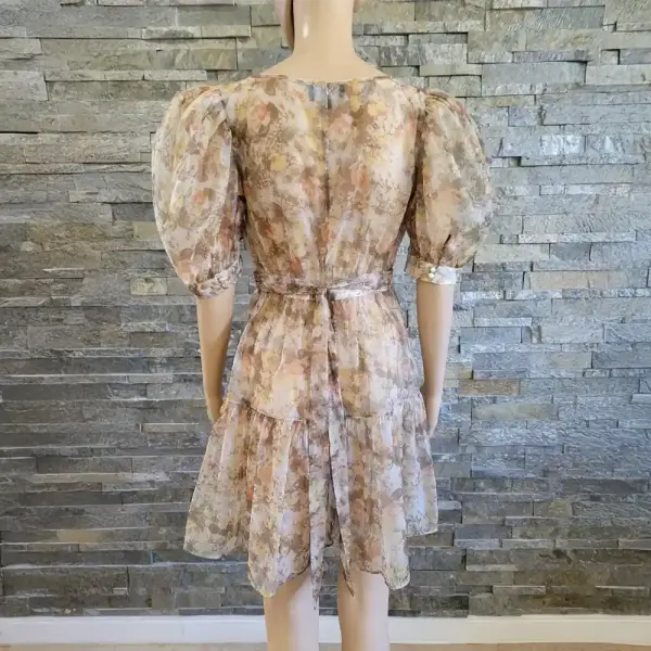 Danielle Bernstein Printed Organza Puff-Sleeve Mini Dress Beige Medium NWT