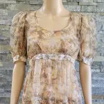 Danielle Bernstein Printed Organza Puff-Sleeve Mini Dress Beige Medium NWT