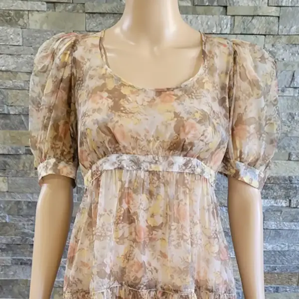 Danielle Bernstein Printed Organza Puff-Sleeve Mini Dress Beige Medium NWT