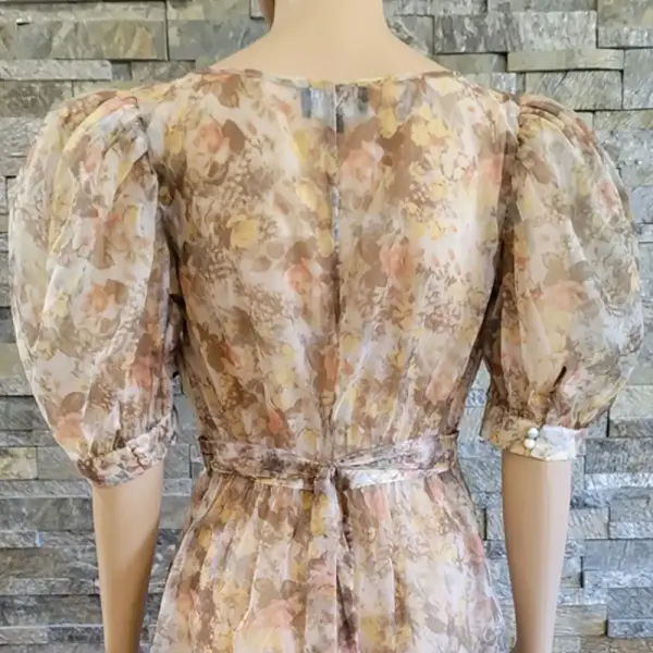 Danielle Bernstein Printed Organza Puff-Sleeve Mini Dress Beige Medium NWT