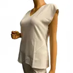 DKNY Asymmetric Hem Top Ivory V Neck Cap Sleeve Stretch