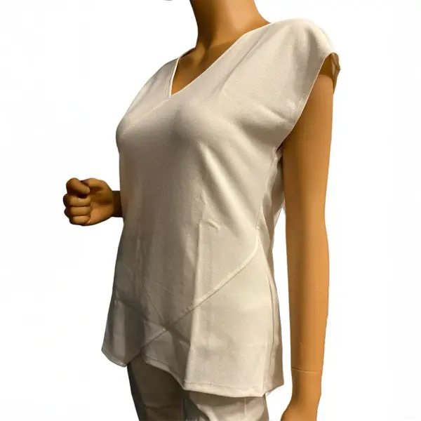 DKNY Asymmetric Hem Top Ivory V Neck Cap Sleeve Stretch