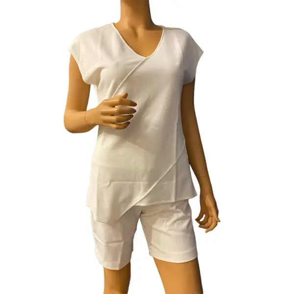 DKNY Asymmetric Hem Top Ivory V Neck Cap Sleeve Stretch