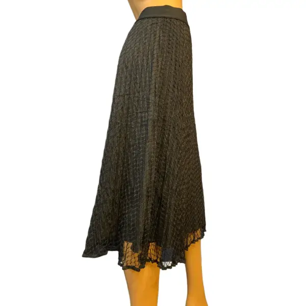 DKNY Pleated Mesh Overlay Midi Skirt Black Pull-On Size S