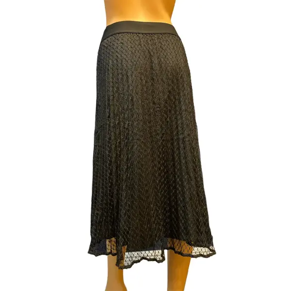DKNY Pleated Mesh Overlay Midi Skirt Black Pull-On Size S