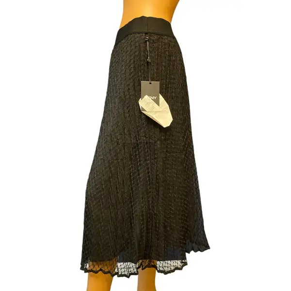 DKNY Pleated Mesh Overlay Midi Skirt Black Pull-On Size S