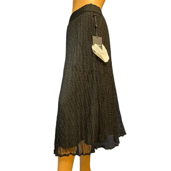 DKNY Pleated Mesh Overlay Midi Skirt Black Pull-On Size S