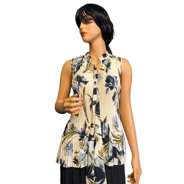 DKNY Floral Pleated Tie Neck Sleeveless Blouse