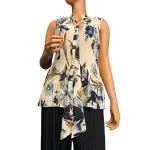DKNY Floral Pleated Tie Neck Sleeveless Blouse