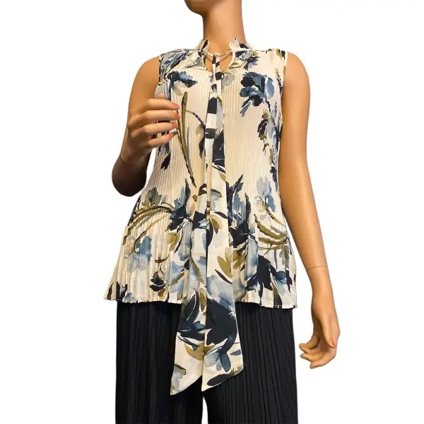 DKNY Floral Pleated Tie Neck Sleeveless Blouse