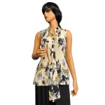 DKNY Floral Pleated Tie Neck Sleeveless Blouse