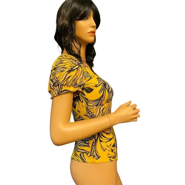 Guess Piper Tropical Print Puff Sleeve Thong Bodysuit Yellow Size M