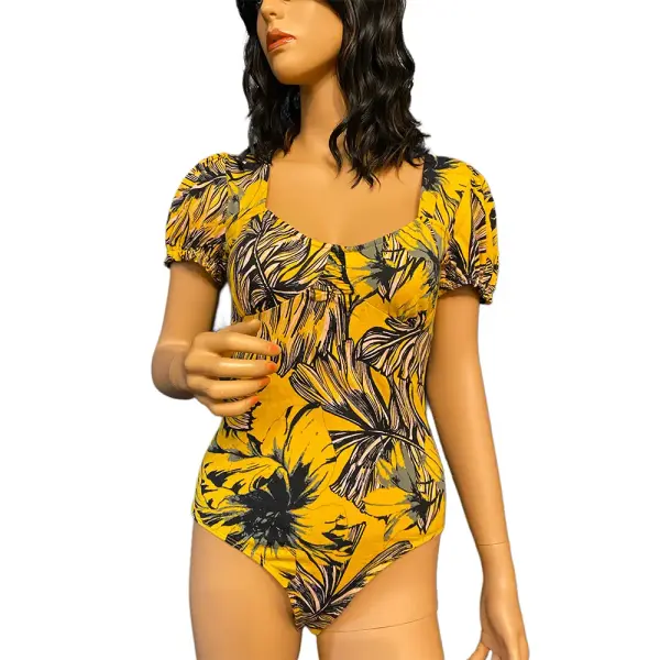 Guess Piper Tropical Print Puff Sleeve Thong Bodysuit Yellow Size M