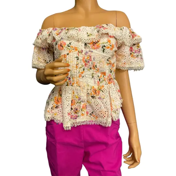 Guess Isotta Ruffled Off The Shoulder Top Floral Eyelet Cotton