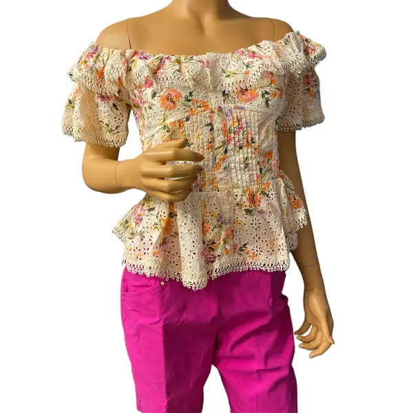 Guess Isotta Ruffled Off The Shoulder Top Floral Eyelet Cotton