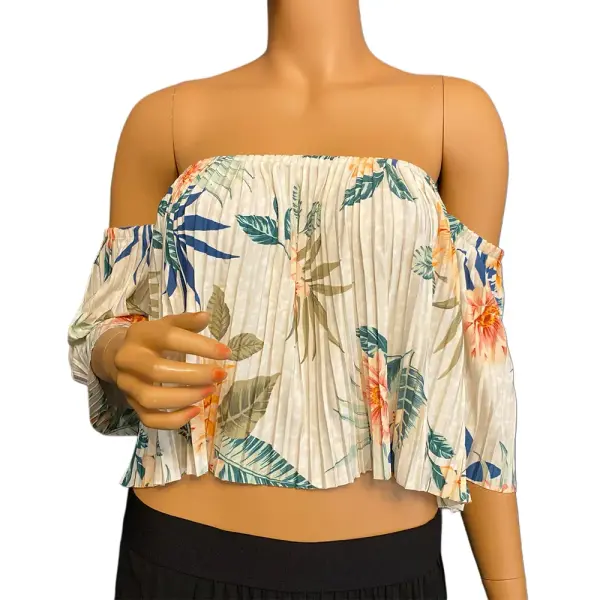 GUESS Hanalei Blooms Off Shoulder Pleated Crop Top Cream Tropical